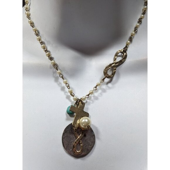Elegant Religious Cross And Infinity Charm Necklace With Faux Pearl Accents - Picture 4 of 5